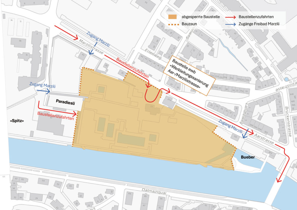Plan Zugänglichkeit Marzili während der ersten Bauetappe 2025 2026 ab 22. September 2025